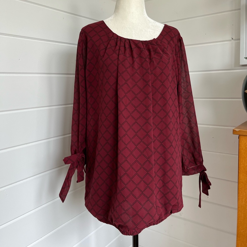 CLEO Burgundy patterned Blouse with cute tie detailing on sleeves, like new